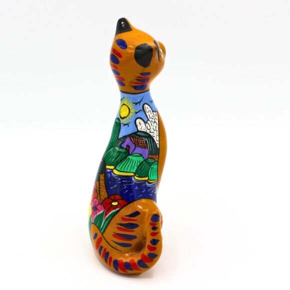 Vintage Mexican Talavera Cat Figurine Hand-Painted Clay Pottery Folk Art Decor - Picture 6 of 8